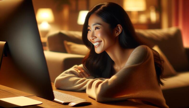 une femme sur son pc regardant un site de streaming avec joie