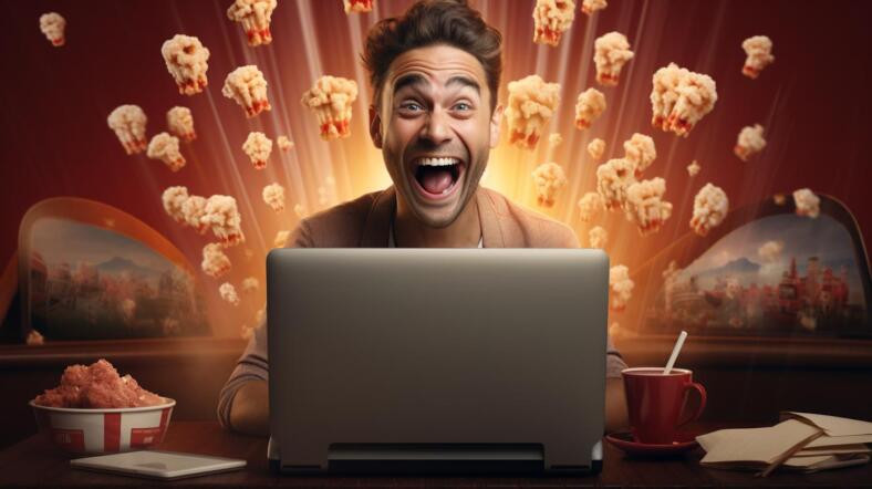 un homme sur son pc regardant un site de streaming avec joie