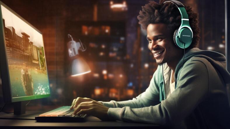 un homme noir sur son pc regardant un site de streaming avec joie