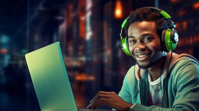 un homme noir sur son ordinateur
