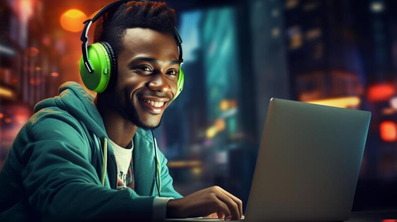 un homme noir sur son pc regardant un site de streaming