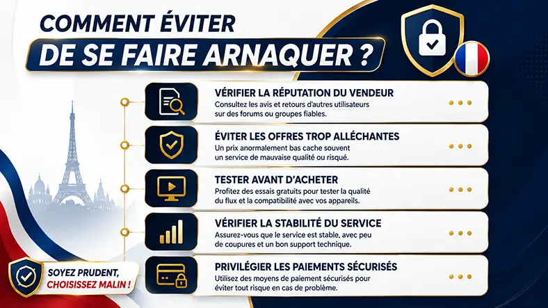 Meilleurs Abonnements IPTV en France : Comparatif 2026 | TOP SITE STREAMING Infographie en français expliquant comment éviter les arnaques IPTV. Le design mélange du bleu foncé, blanc et or avec une illustration de la tour Eiffel en arrière-plan. Le titre principal indique « Comment éviter de se faire arnaquer ? ». Une liste de conseils apparaît avec des icônes : vérifier la réputation du vendeur, éviter les offres trop alléchantes, tester avant d’acheter, vérifier la stabilité du service et privilégier les paiements sécurisés. En bas à gauche, un encadré affiche le message « Soyez prudent, choisissez malin ! ».