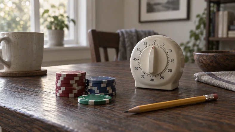 Avantage de la maison : pourquoi le casino gagne à long terme ? | TOP SITE STREAMING Des jetons et un minuteur illustrent la différence entre une session et le long terme.