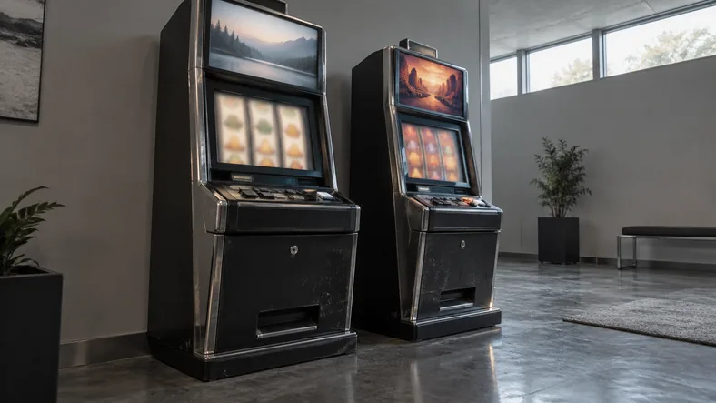 Volatilité d’une machine à sous : faible, moyenne ou élevée ? | TOP SITE STREAMING Deux machines à sous présentées dans un espace de jeu lumineux.