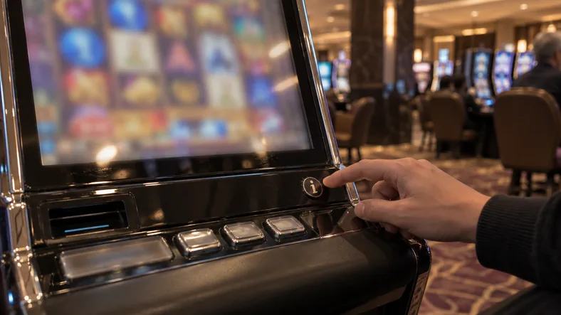Machine à sous avec le meilleur RTP : comment comparer les jeux ? | TOP SITE STREAMING Une main consulte les informations d’une machine à sous.