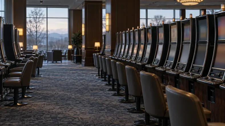 RTP casino : c’est quoi et que signifie vraiment 96 % ? | TOP SITE STREAMING Rangée de machines à sous dans une salle calme, sans indication sur le prochain résultat.