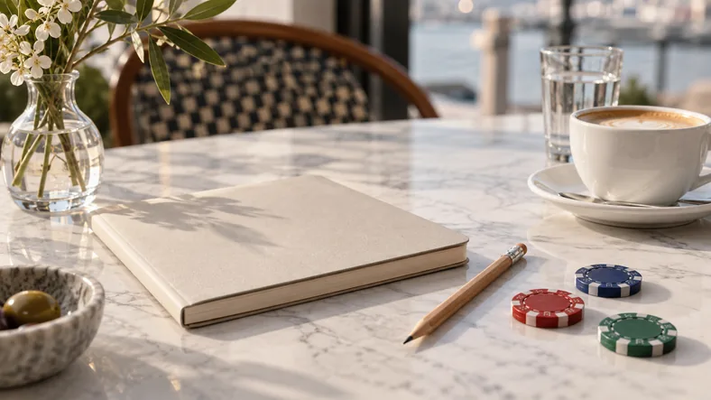 Quelle machine à sous paie le plus ? | TOP SITE STREAMING Un carnet, un crayon et des jetons sur une table de café.