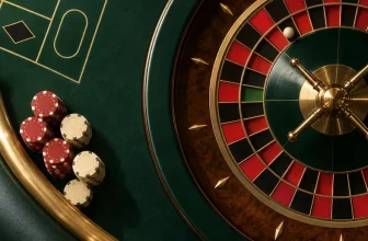 Vue en plongée d’une roulette et de jetons sur une table verte.
