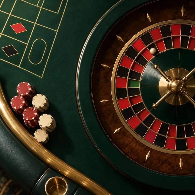 Avantage de la maison : pourquoi le casino gagne à long terme ? | TOP SITE STREAMING Vue en plongée d’une roulette et de jetons sur une table verte.