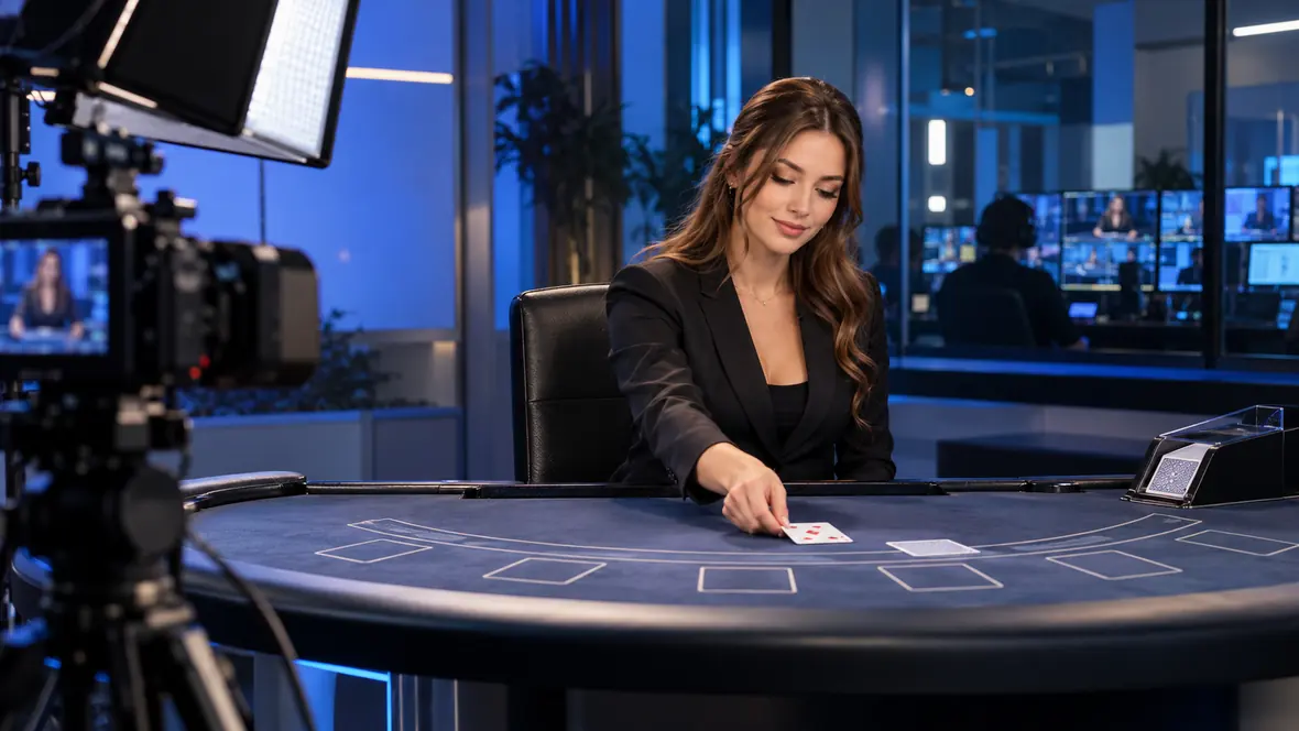 Croupière distribuant une carte à une table de blackjack filmée dans un studio de casino live.