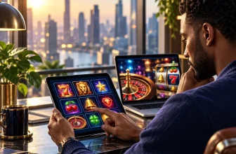 Un joueur compare plusieurs jeux de casino en ligne sur tablette et ordinateur.