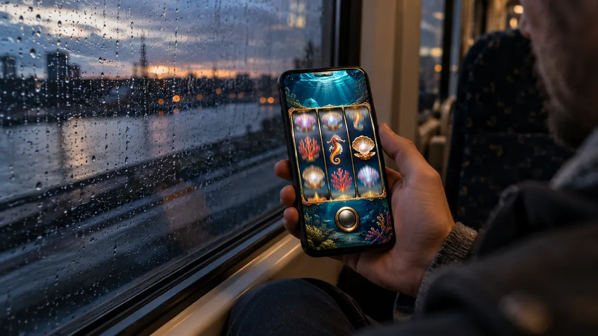 Machine à sous en ligne fictive sur un smartphone, avec des rouleaux marins, consultée dans un train.