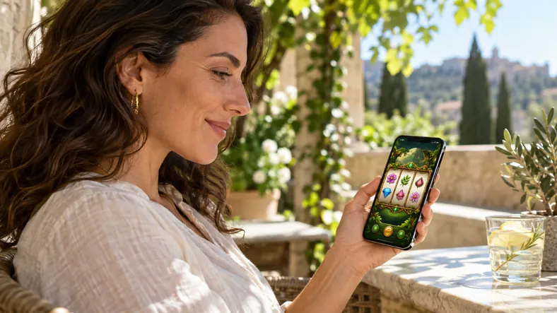 RNG casino : comment le hasard est-il généré ? | TOP SITE STREAMING Joueuse consultant sur son smartphone une machine à sous fictive aux rouleaux arrêtés, sur une terrasse ensoleillée.