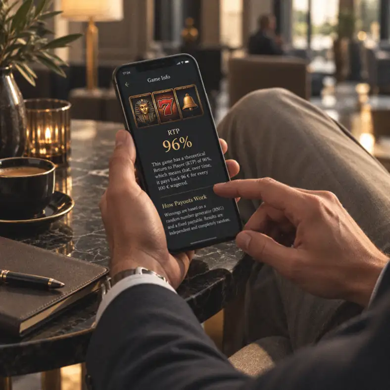 RTP casino : c’est quoi et que signifie vraiment 96 % ? | TOP SITE STREAMING Une personne consulte sur smartphone le RTP théorique de 96 % d’une machine à sous.