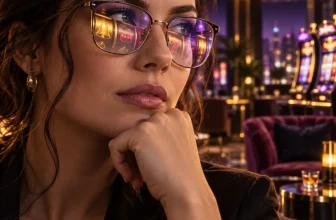 Une joueuse observe des rouleaux de machine à sous se refléter dans ses lunettes.