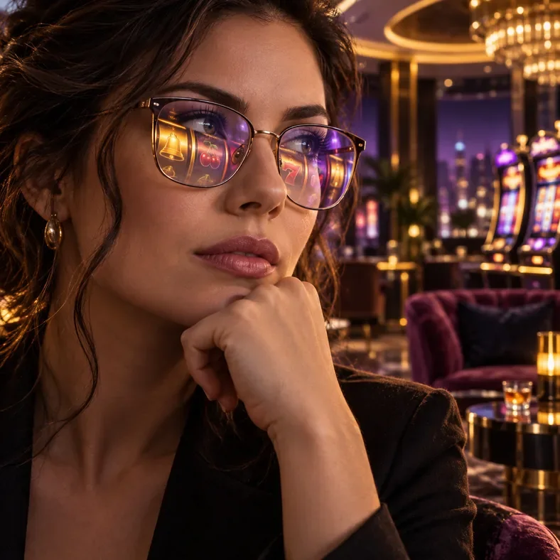Volatilité d’une machine à sous : faible, moyenne ou élevée ? | TOP SITE STREAMING Une joueuse observe des rouleaux de machine à sous se refléter dans ses lunettes.