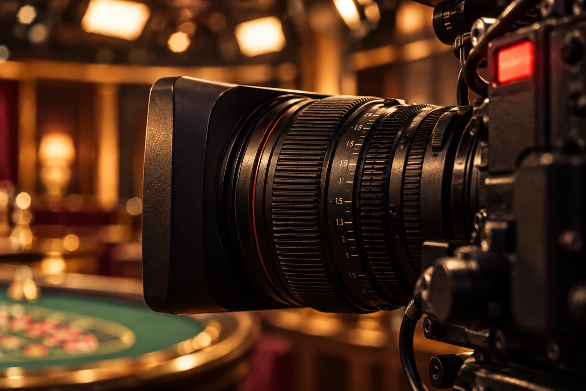 Objectif d’une caméra de diffusion et témoin rouge dans un studio de casino live
