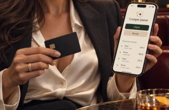 Femme tenant une carte bancaire et un téléphone affichant les dépôts et retraits de son compte joueur