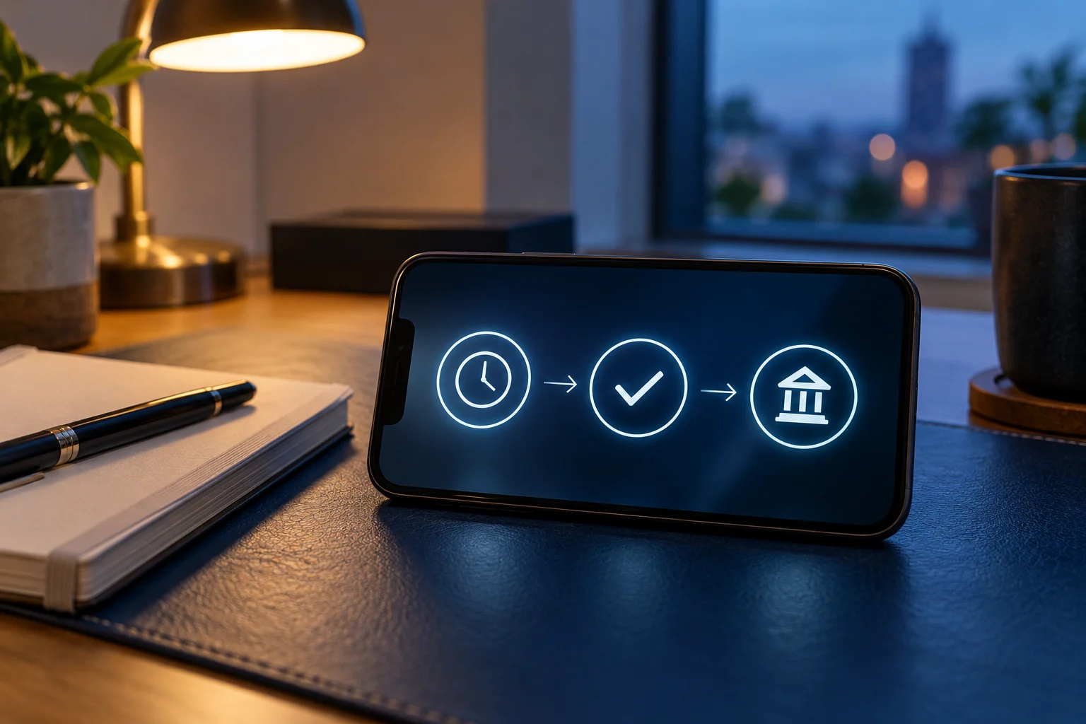 Téléphone montrant une illustration en trois étapes : attente, validation et réception bancaire