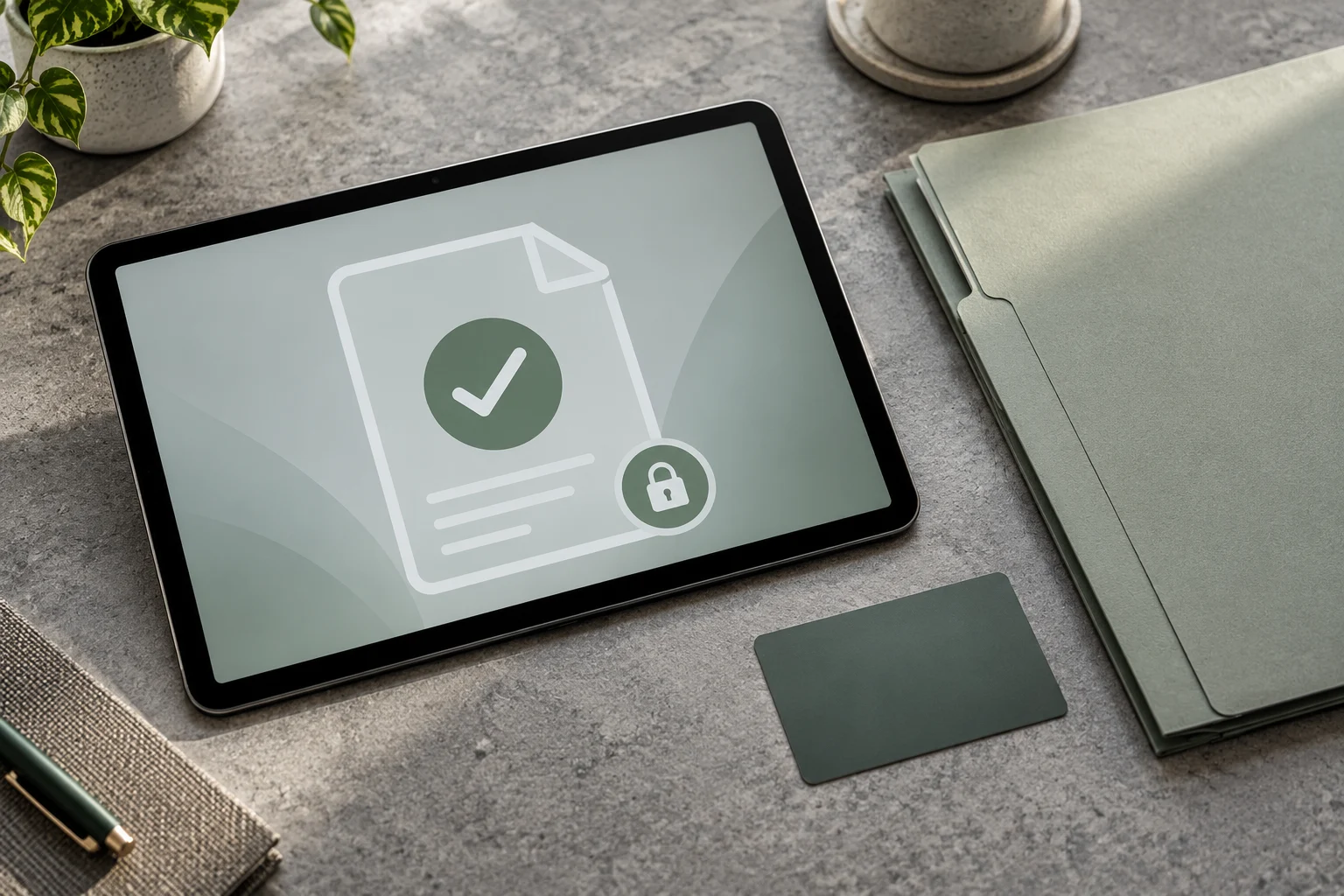 Tablette montrant une illustration de document vérifié et de cadenas à côté d’un dossier fermé