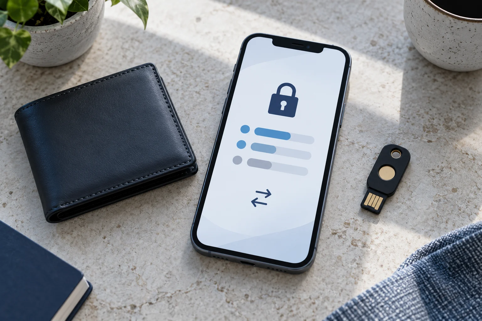 Téléphone présentant une illustration de sécurité du compte à côté d’un portefeuille et d’une clé de sécurité