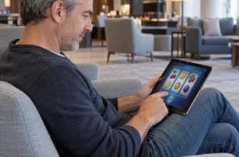 Homme adulte consultant un jeu de casino en ligne sur une tablette dans un lounge lumineux