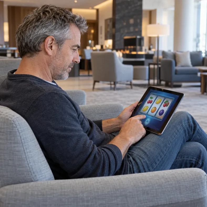 Homme adulte consultant un jeu de casino en ligne sur une tablette dans un lounge lumineux