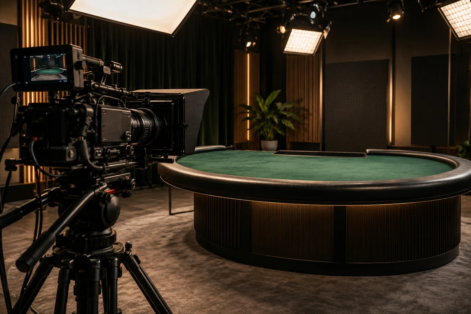 Caméra de diffusion dirigée vers une table de jeu vide dans un studio