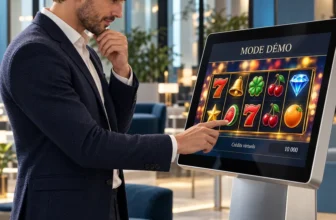 Adulte découvrant un jeu de casino en mode démo sur un écran tactile de présentation