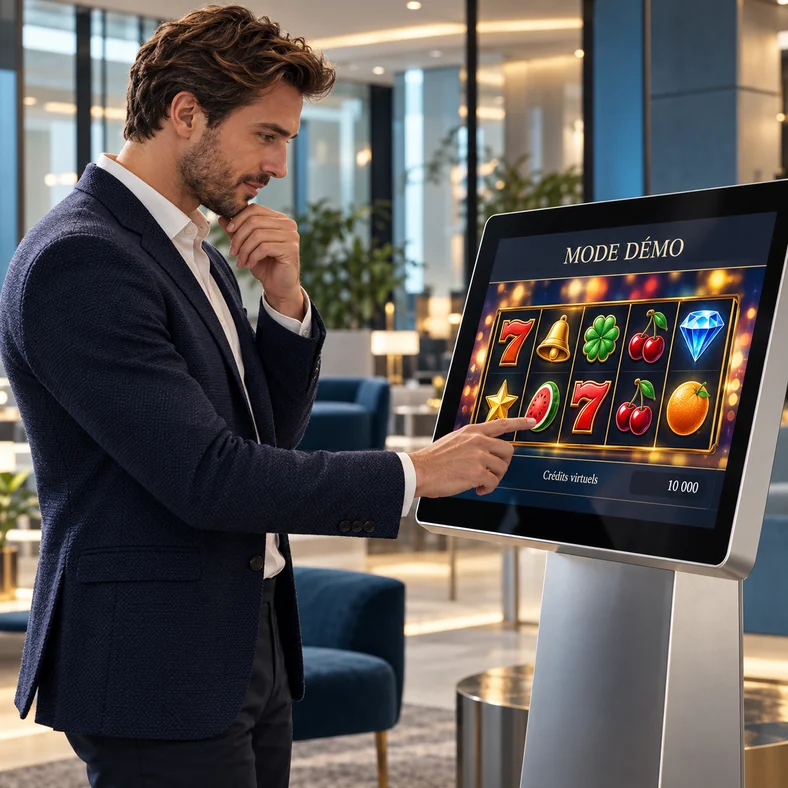 Casino gratuit en ligne : quelles différences avec le jeu en argent réel ? | TOP SITE STREAMING Adulte découvrant un jeu de casino en mode démo sur un écran tactile de présentation