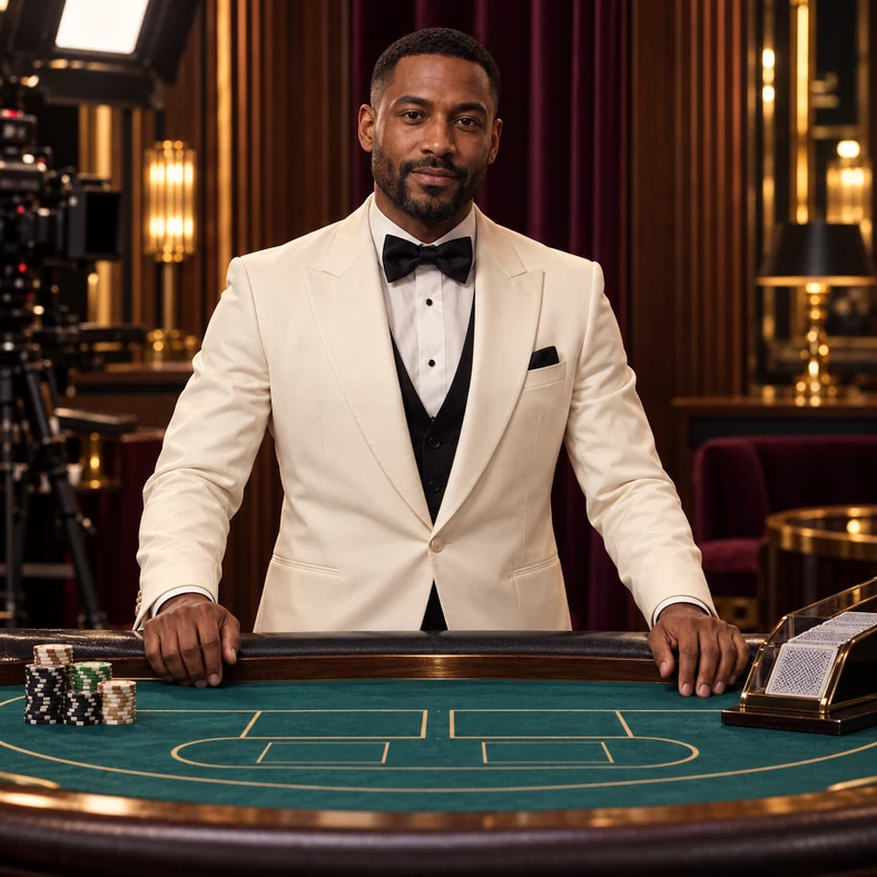 Croupier derrière une table de casino live dans un studio équipé pour la diffusion