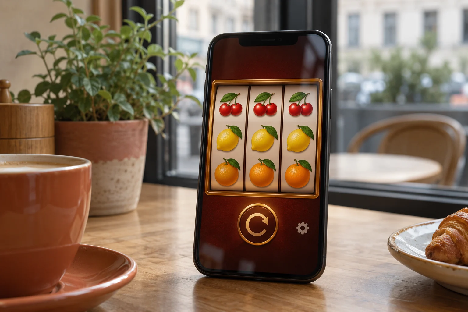 Téléphone affichant une illustration de machine à sous à trois rouleaux et symboles de fruits