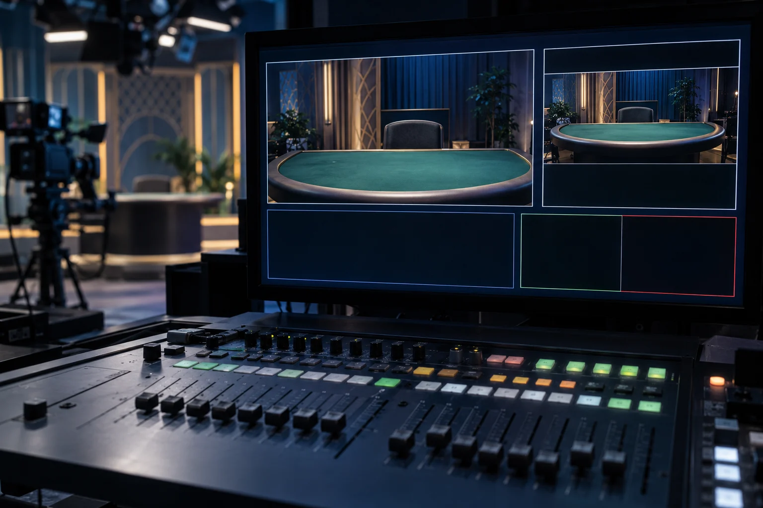 Moniteur de régie montrant une table de casino vide filmée dans un studio