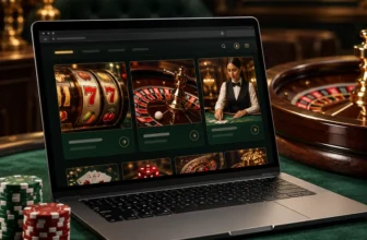 Ordinateur affichant plusieurs catégories de jeux de casino, sur une table verte près d’une roulette
