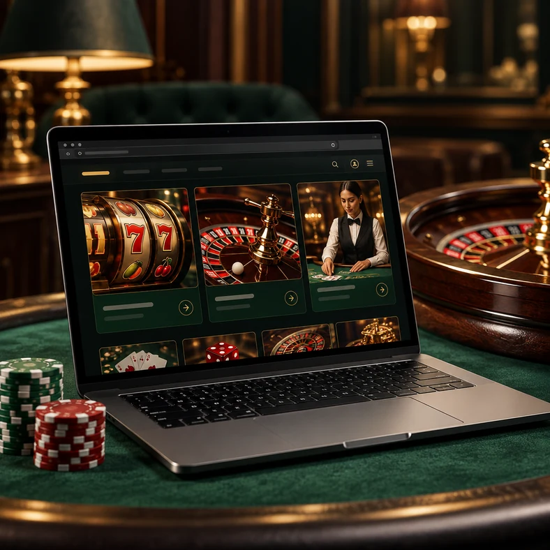 Ordinateur affichant plusieurs catégories de jeux de casino, sur une table verte près d’une roulette