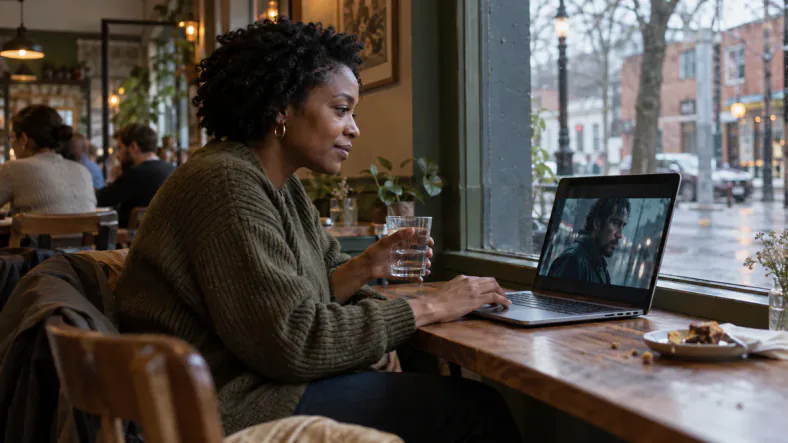 PC portable : comment choisir le bon modèle pour regarder des films et séries ? | TOP SITE STREAMING Une femme regarde un film sur son ordinateur portable dans un café près d’une fenêtre pluvieuse.