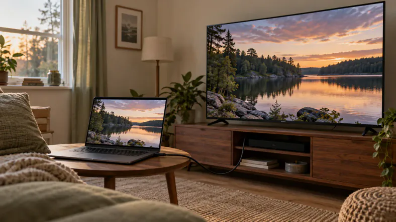 PC portable : comment choisir le bon modèle pour regarder des films et séries ? | TOP SITE STREAMING Un ordinateur portable relié par un câble HDMI à un téléviseur qui affiche le même film.