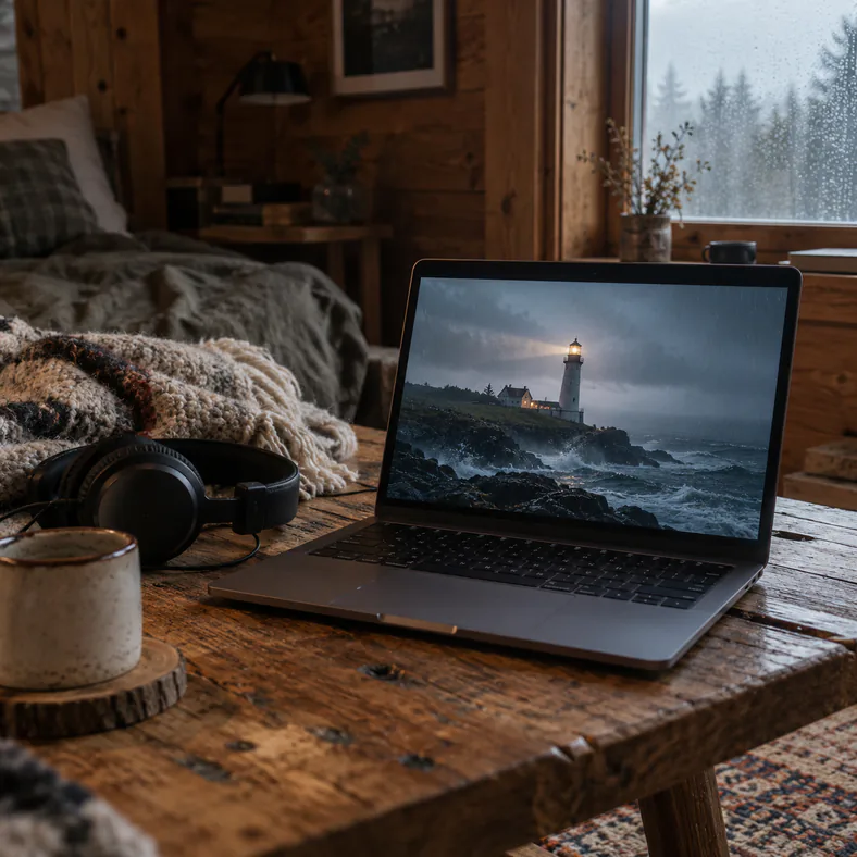 PC portable : comment choisir le bon modèle pour regarder des films et séries ? | TOP SITE STREAMING Ordinateur portable ouvert sur un film de phare dans une chambre de chalet, avec un casque posé sur la table.